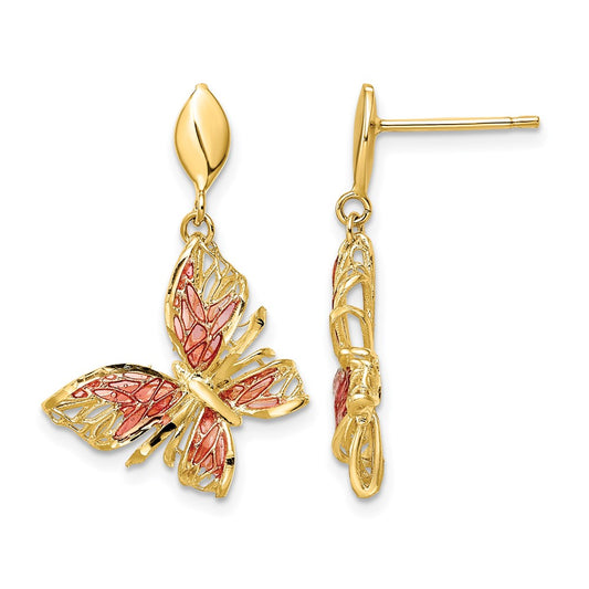 14K Yellow Gold Polished D/C Pink Enamel Butterfly Post Dangle Earrings