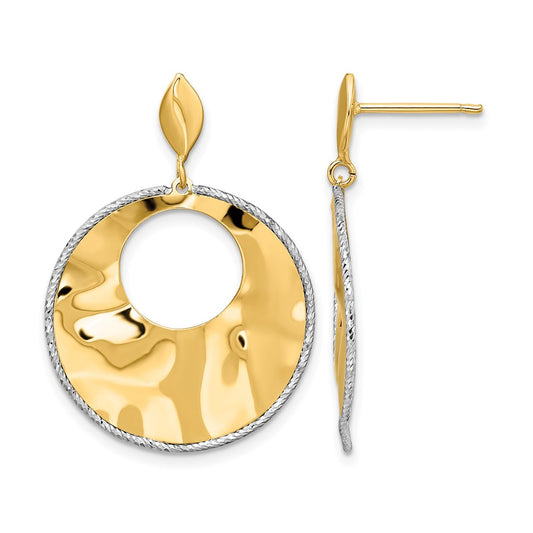 14K Two Tone Polished Textured Post Dangle Earrings