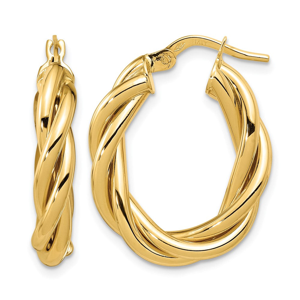 14K Yellow Gold Polished Twisted Oval Hoop Earrings