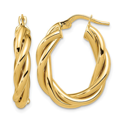 14K Yellow Gold Polished Twisted Oval Hoop Earrings