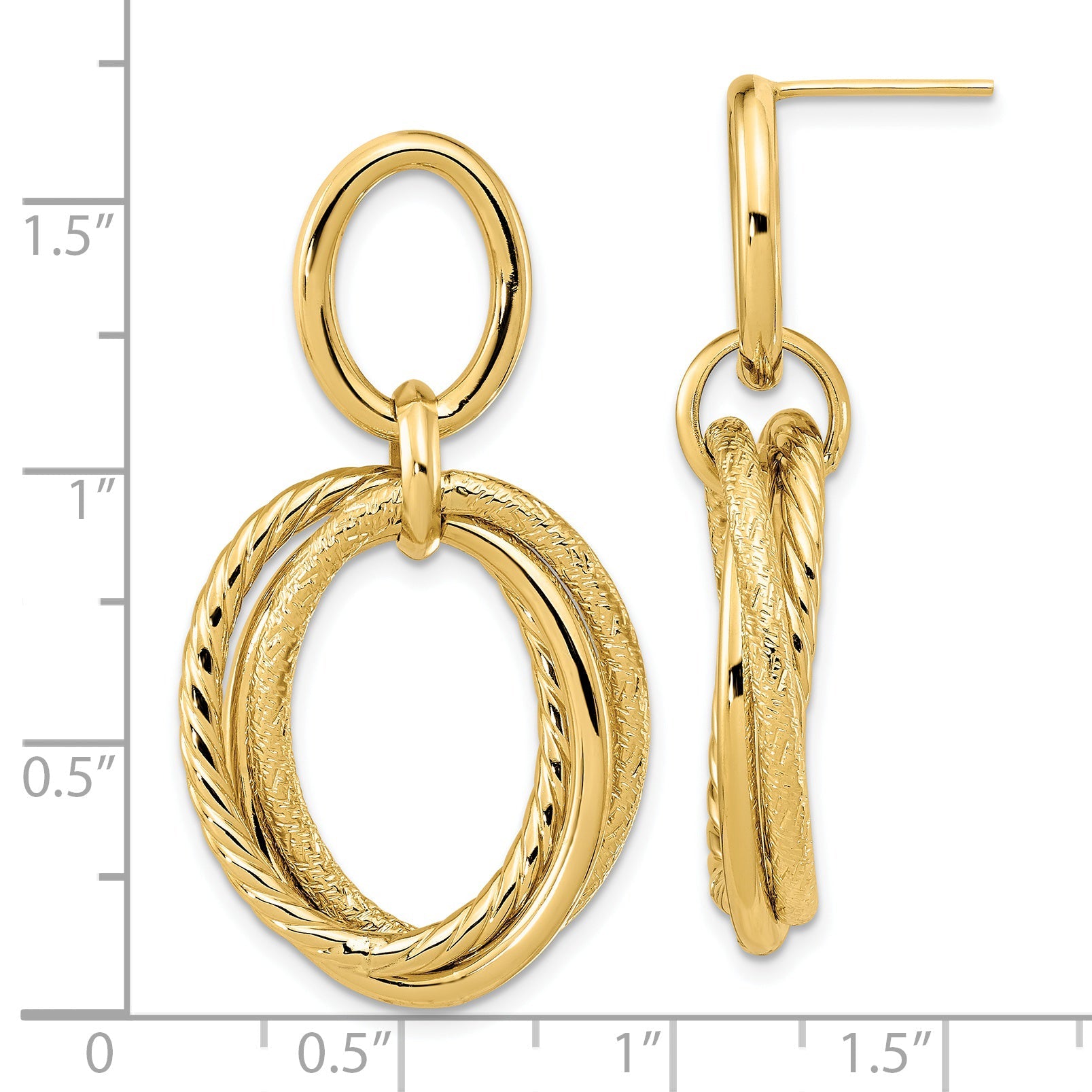 14K Yellow Gold Polished And Textured Post Dangle Earrings