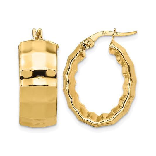 14K Yellow Gold Polished Textured Oval Hoop Earrings