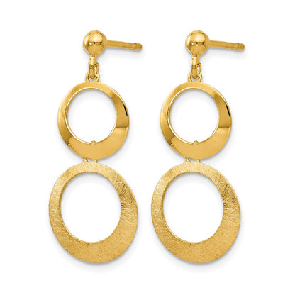 14K Yellow Gold Polished And Scratch Finish Circle Post Dangle Earrings
