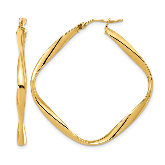14K Yellow Gold Polished Twisted Square Hoop Earrings