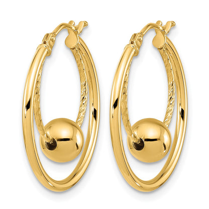 14K Yellow Gold Polished Textured W/ 6mm Ball Hoop Earrings