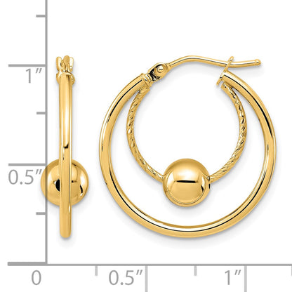 14K Yellow Gold Polished Textured W/ 6mm Ball Hoop Earrings