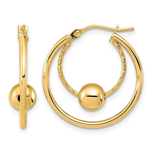 14K Yellow Gold Polished Textured W/ 6mm Ball Hoop Earrings