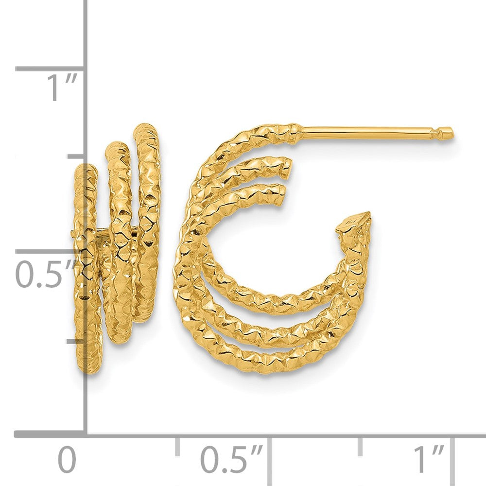 14K Yellow Gold Polished And Hammered Post Hoop Earrings