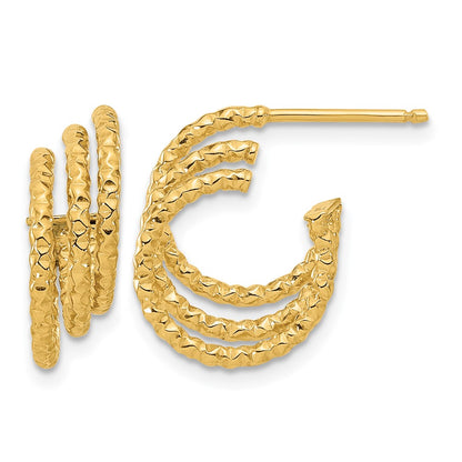 14K Yellow Gold Polished And Hammered Post Hoop Earrings