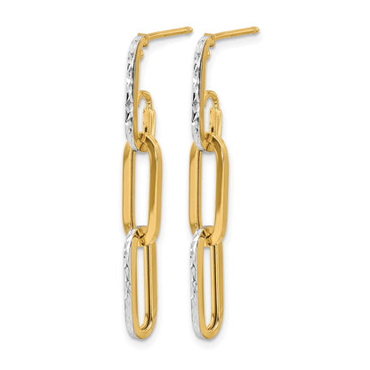 14K Yellow & Rhodium With White Pol And Diamond Cut Link Dangle Earrings