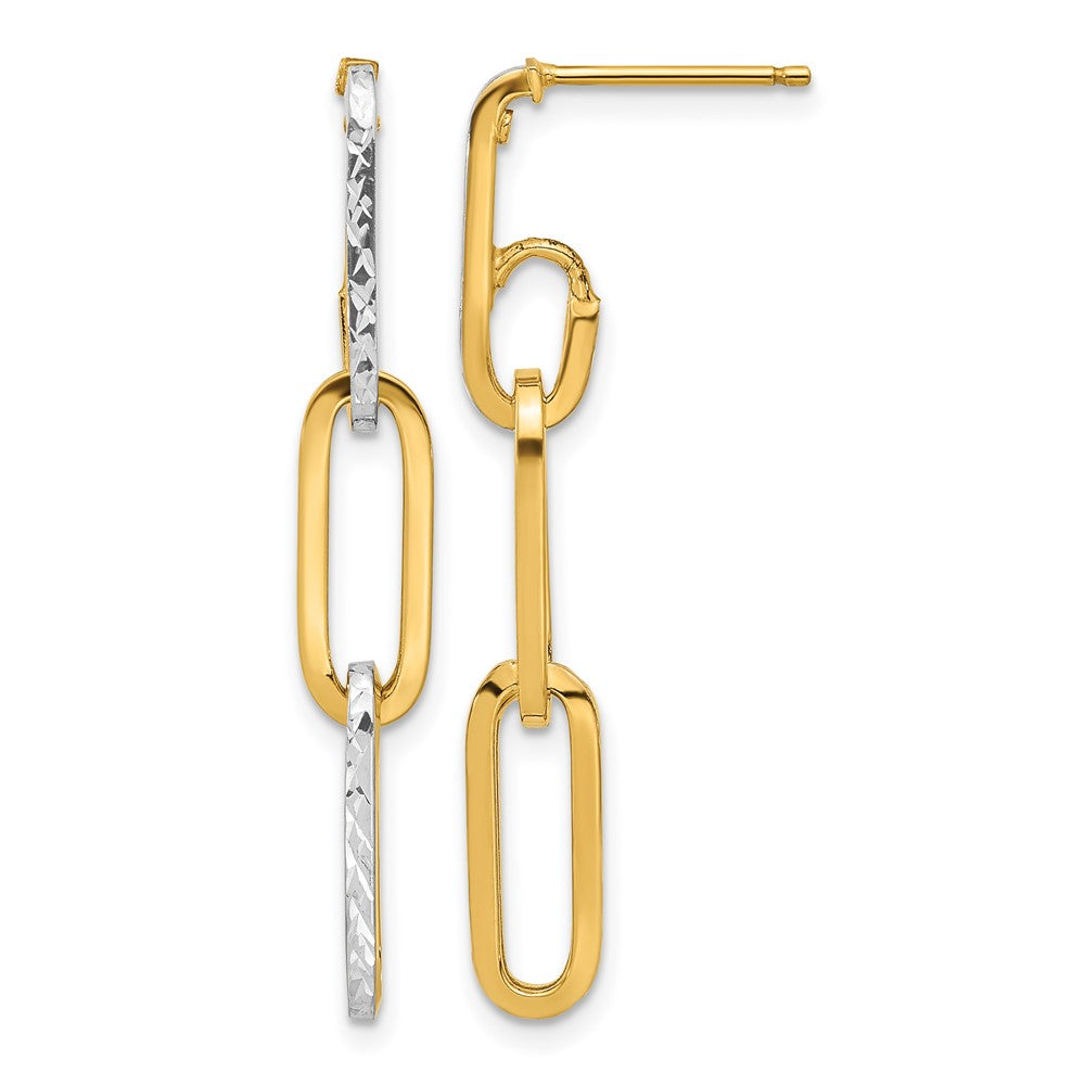 14K Yellow & Rhodium With White Pol And Diamond Cut Link Dangle Earrings