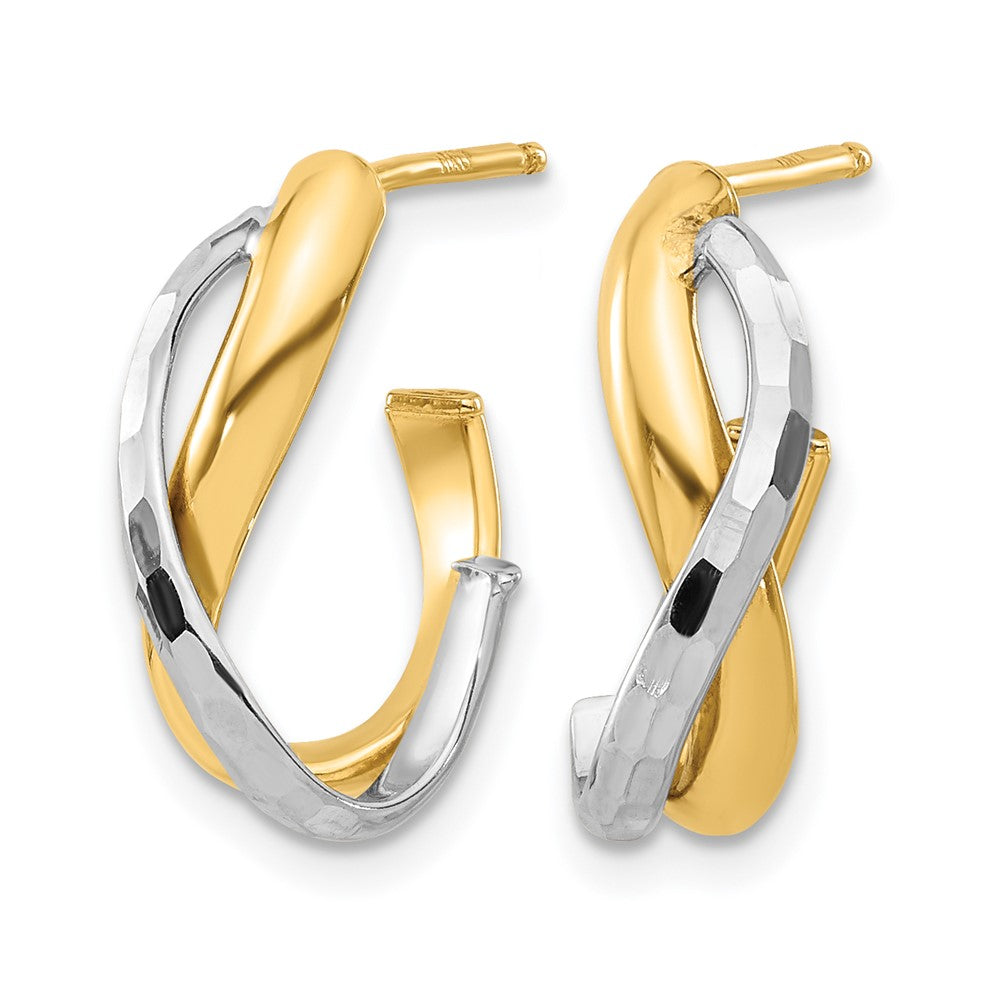 14K Yellow & Rhodium Polished/Diamond Cut J Hoop Post Earrings