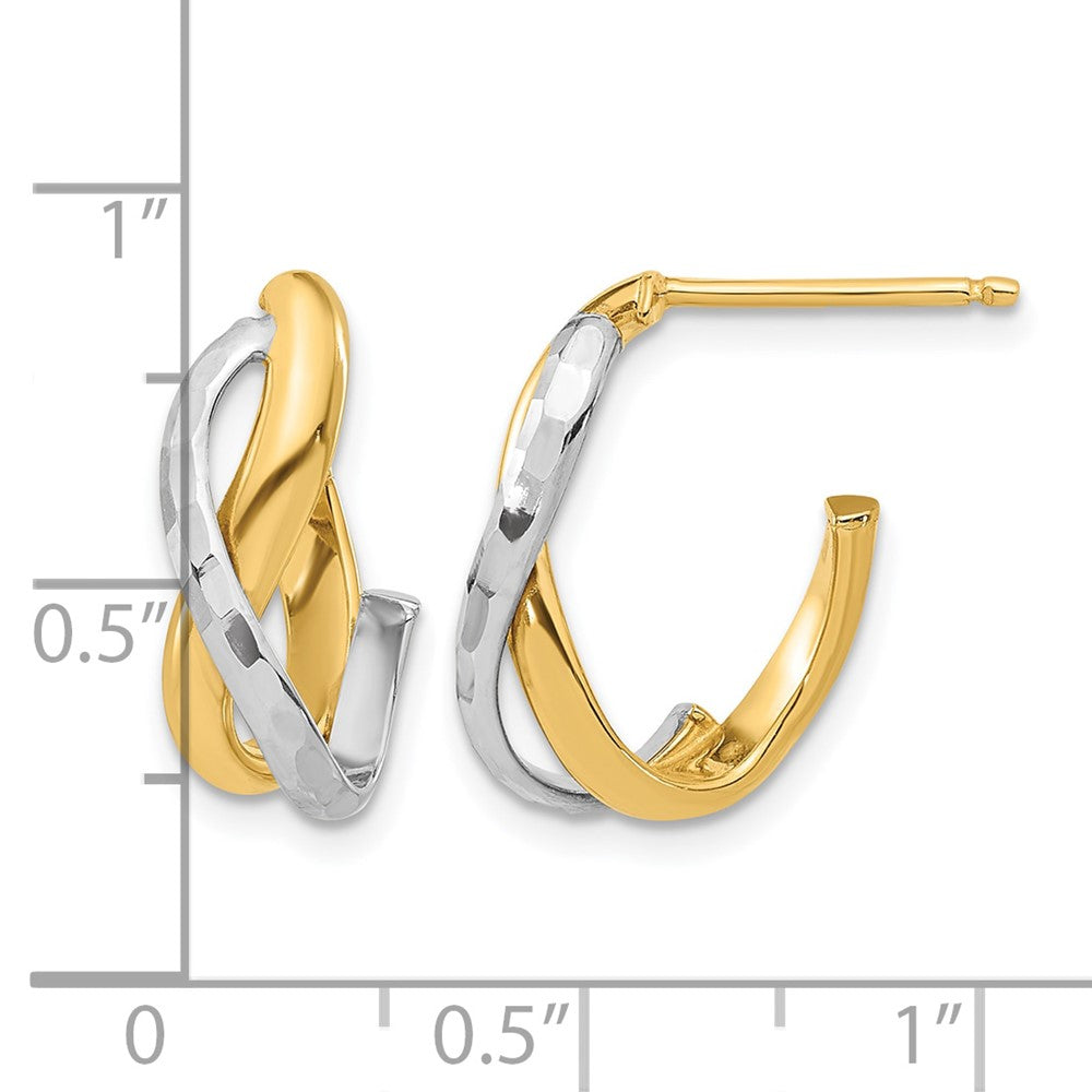 14K Yellow & Rhodium Polished/Diamond Cut J Hoop Post Earrings