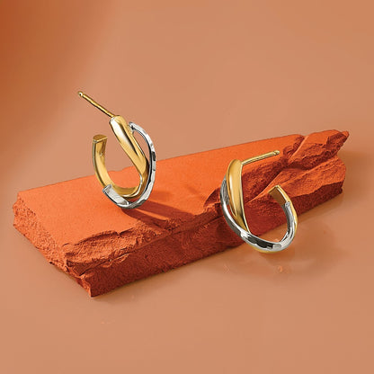 14K Yellow & Rhodium Polished/Diamond Cut J Hoop Post Earrings