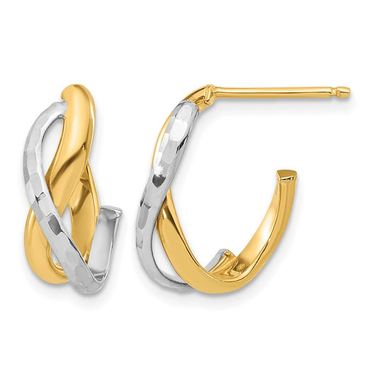 14K Yellow & Rhodium Polished/Diamond Cut J Hoop Post Earrings