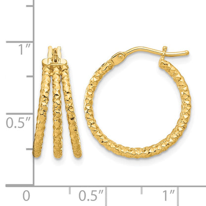 14K Yellow Gold Polished And Textured Three Row Hoop Post Earrings