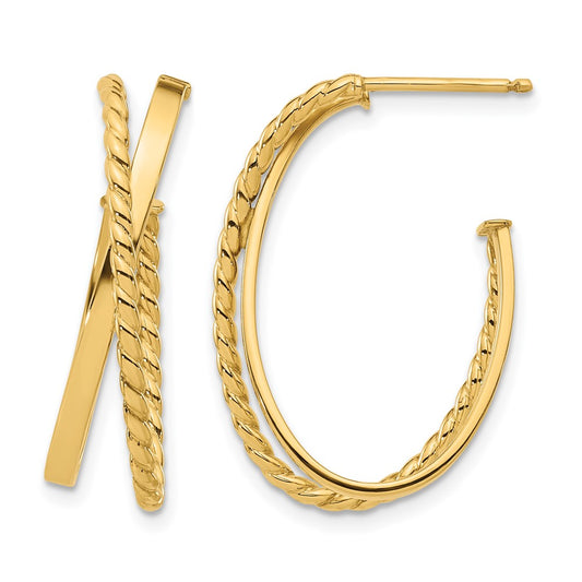 14K Yellow Gold Polished And Twist J Hoop Post Earrings