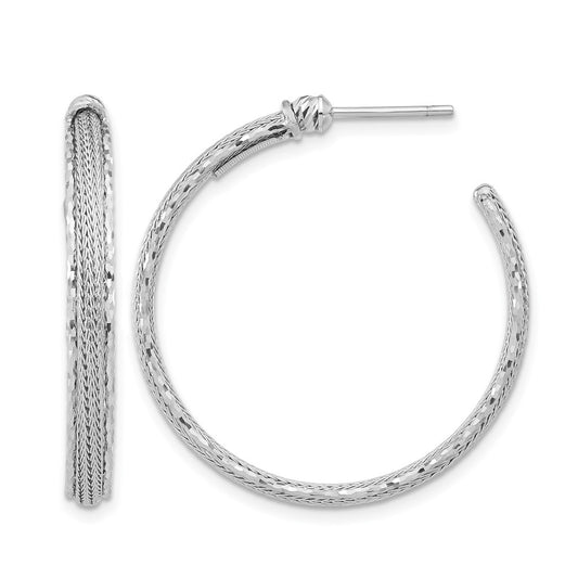 14K White Gold Diamond Cut And Textured Post Hoop Earrings