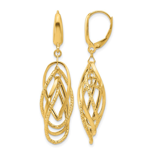 14K Yellow Gold Polished And Textured Ovals Dangle Earrings