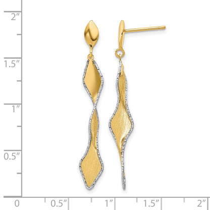14K Yellow & Rhodium And White Polished Satin Post Dangle Earrings