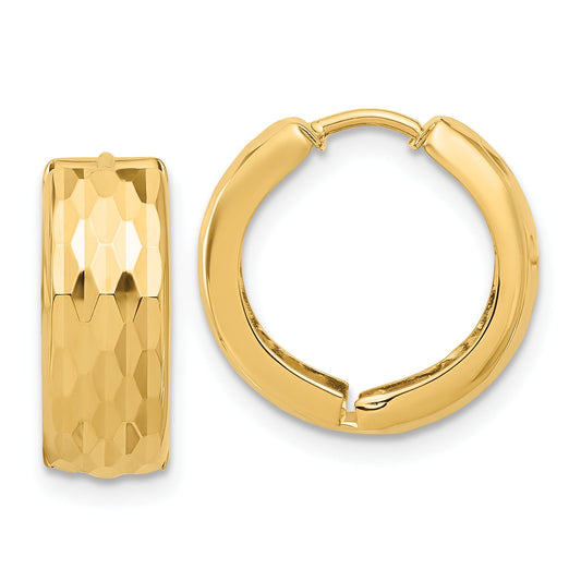 14K Yellow Gold Diamond Cut Hinged Huggie Earrings