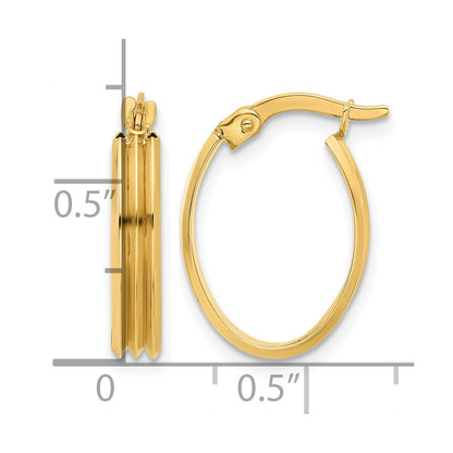 14K Yellow Gold Polished And Grooved Oval Hoop Earrings