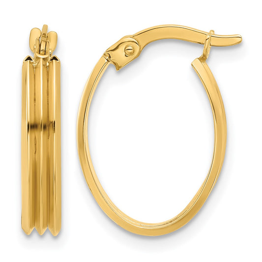 14K Yellow Gold Polished And Grooved Oval Hoop Earrings