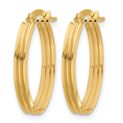 14K Yellow Gold Polished And Grooved Oval Hoop Earrings