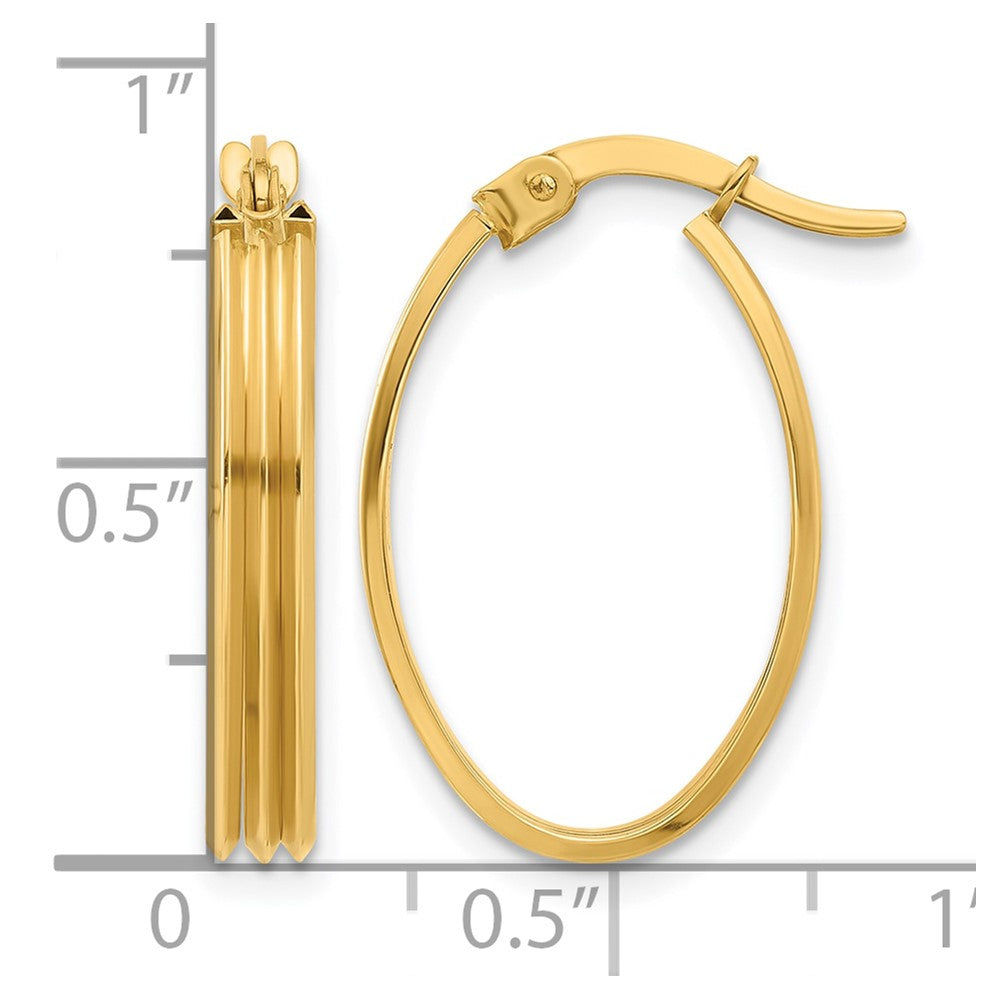 14K Yellow Gold Polished And Grooved Oval Hoop Earrings