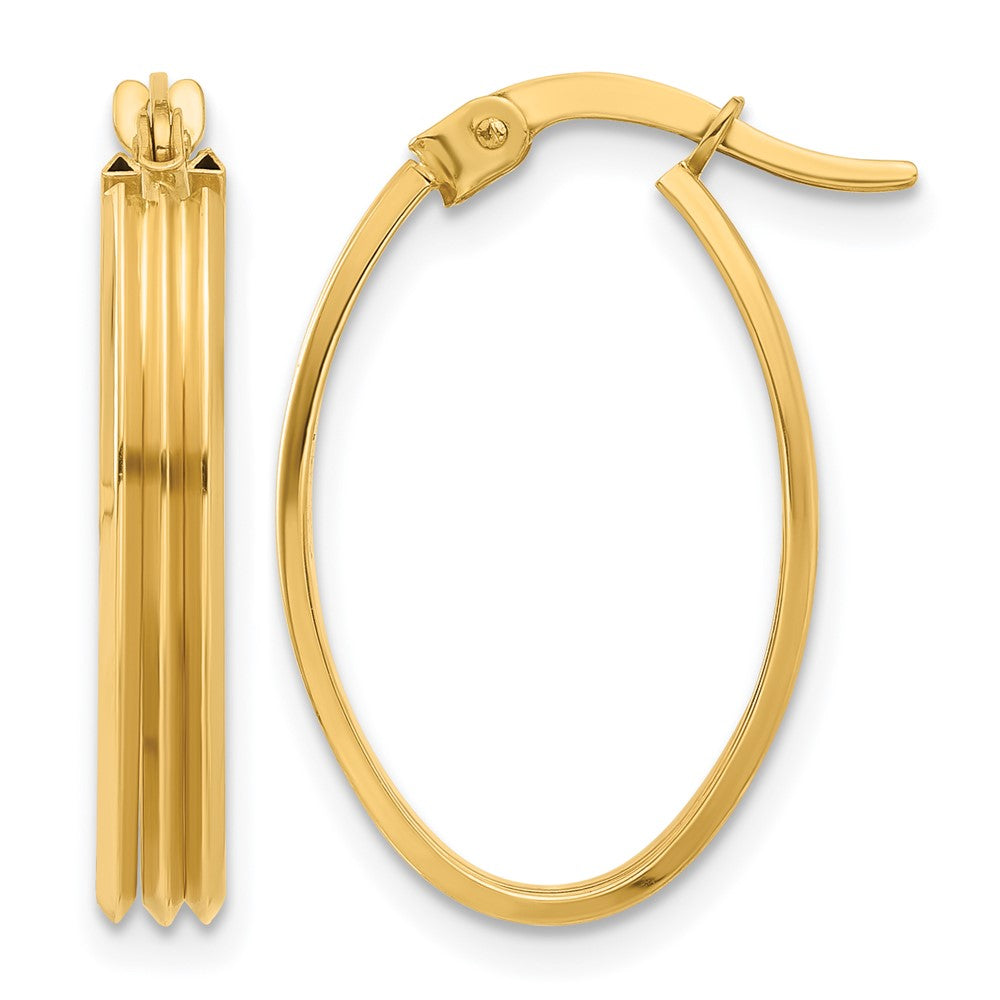 14K Yellow Gold Polished And Grooved Oval Hoop Earrings