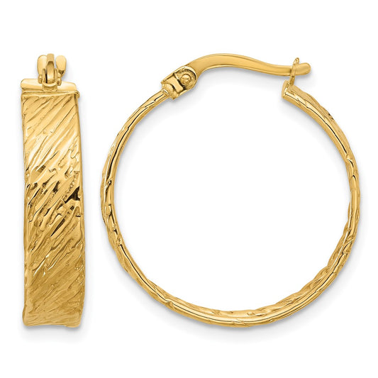 14K Yellow Gold Polished And Textured Round Hoop Earrings