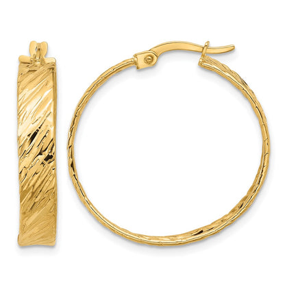 14K Yellow Gold Polished And Textured Round Hoop Earrings
