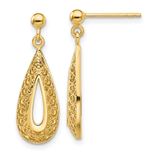14K Yellow Gold Filigree Teardrop Post Dangle Earrings