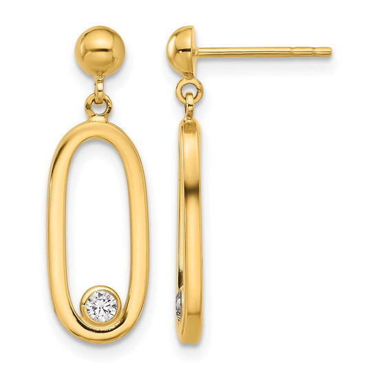 14K Yellow Gold Polished Cz Oval Dangle Post Earrings