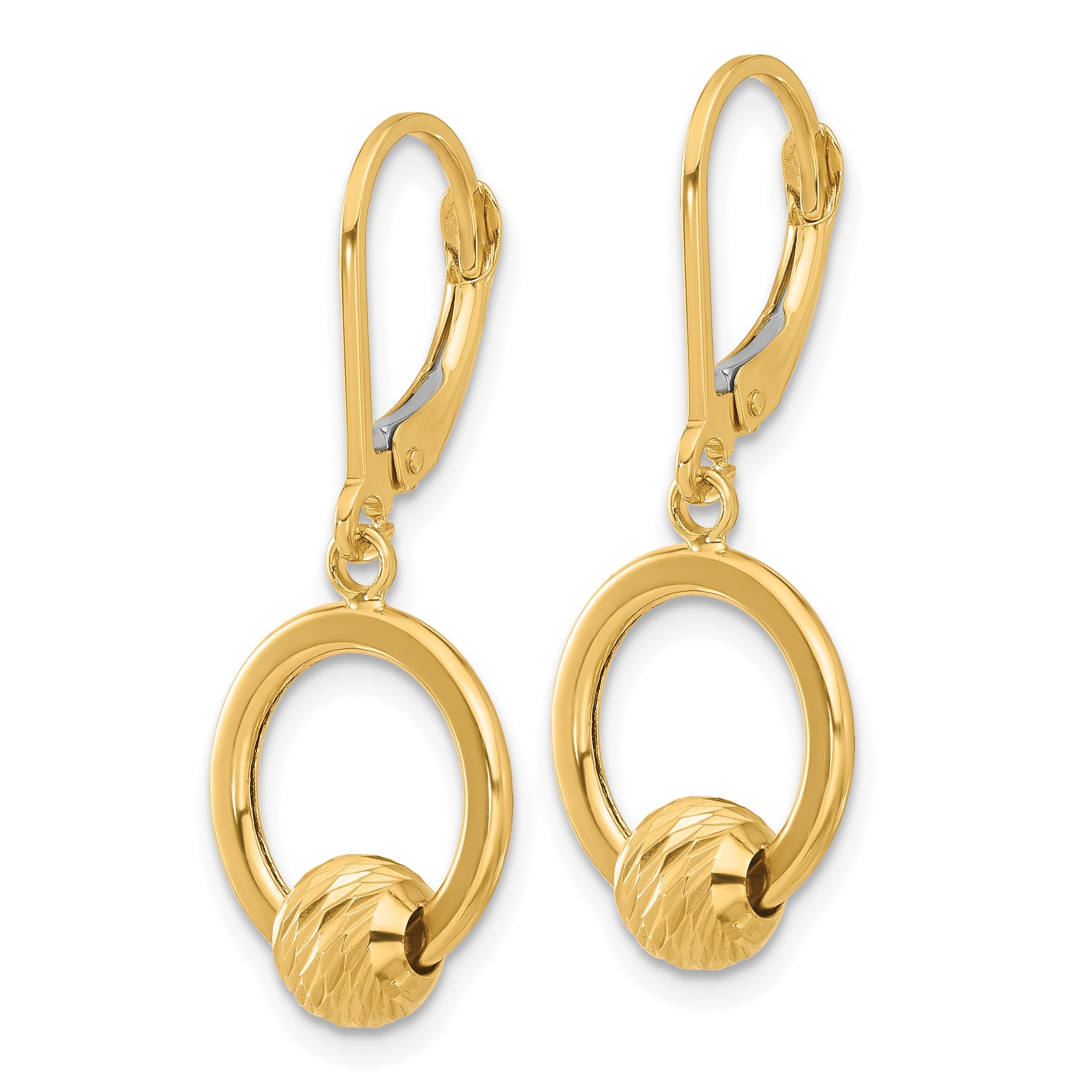 14K Yellow Gold Polished And Diamond Cut Beads Leverback Earrings