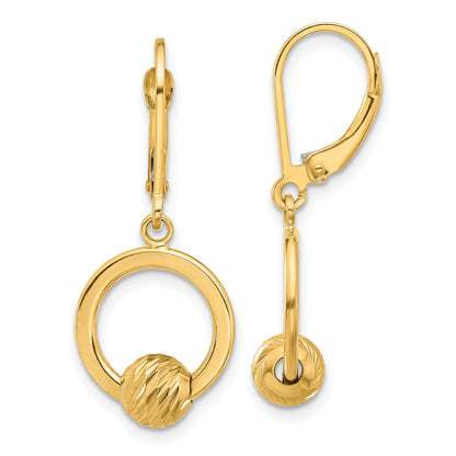 14K Yellow Gold Polished And Diamond Cut Beads Leverback Earrings