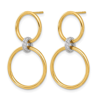 14K Two Tone Polished Cz Circles Dangle Post Earrings