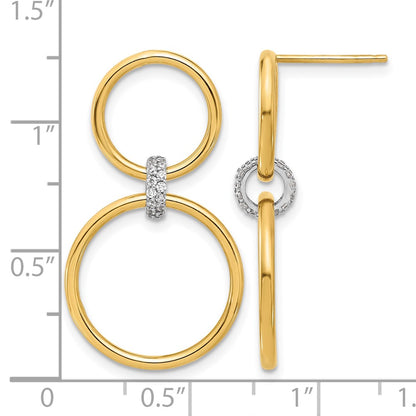14K Two Tone Polished Cz Circles Dangle Post Earrings