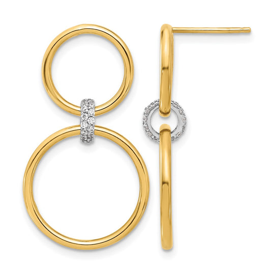 14K Two Tone Polished Cz Circles Dangle Post Earrings