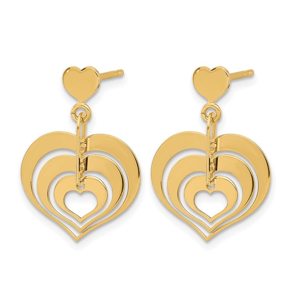 14K Yellow Gold Polished Hearts Dangle Post Earrings