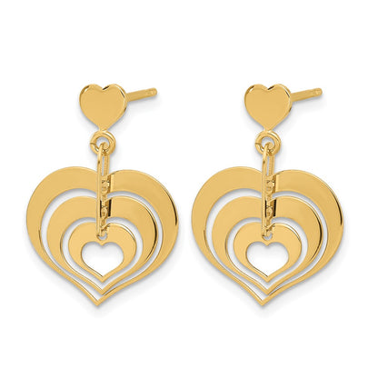 14K Yellow Gold Polished Hearts Dangle Post Earrings