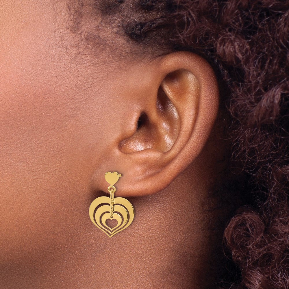 14K Yellow Gold Polished Hearts Dangle Post Earrings