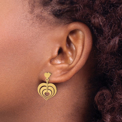 14K Yellow Gold Polished Hearts Dangle Post Earrings