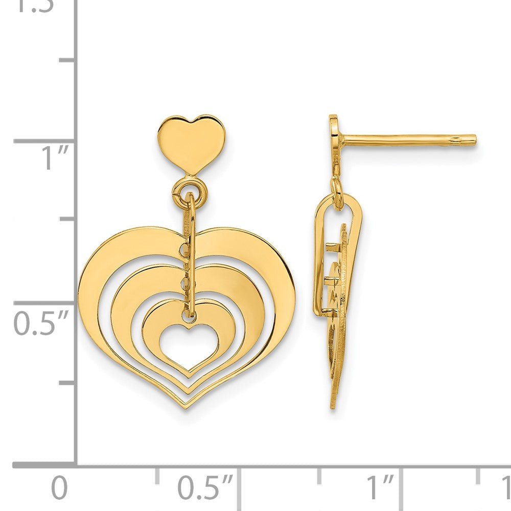 14K Yellow Gold Polished Hearts Dangle Post Earrings