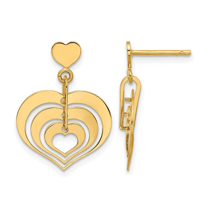 14K Yellow Gold Polished Hearts Dangle Post Earrings