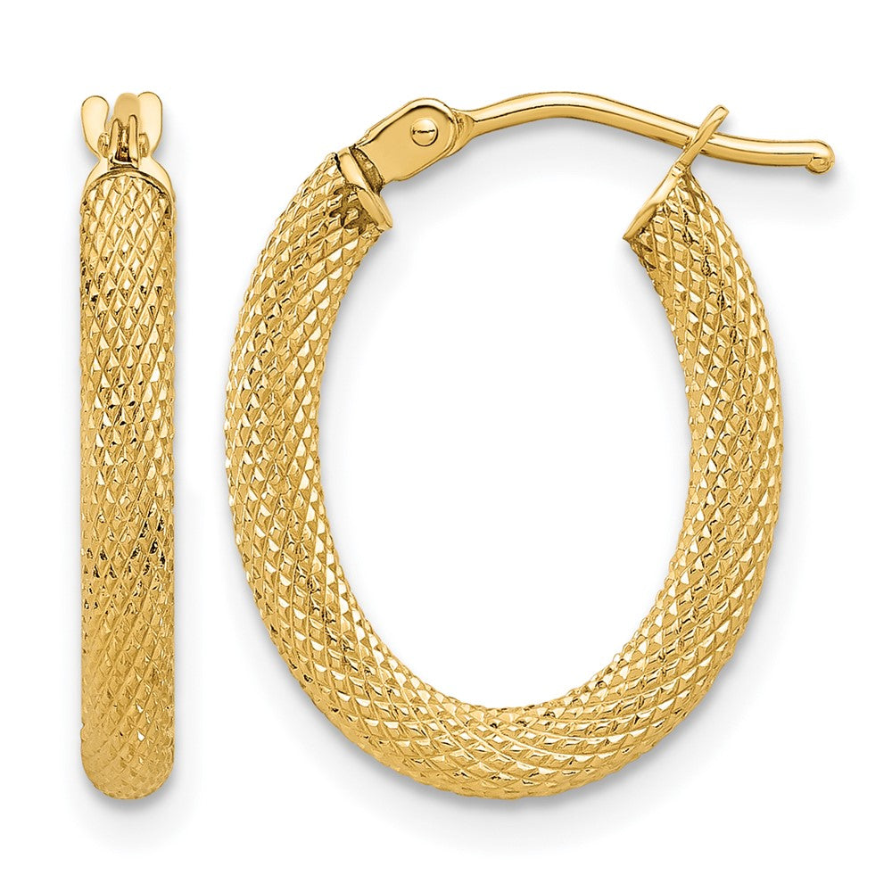 14K Yellow Gold Polished And Textured Oval Hoop Earrings