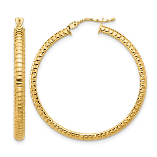 14K Yellow Gold Polished And Textured Round Hoop Earrings