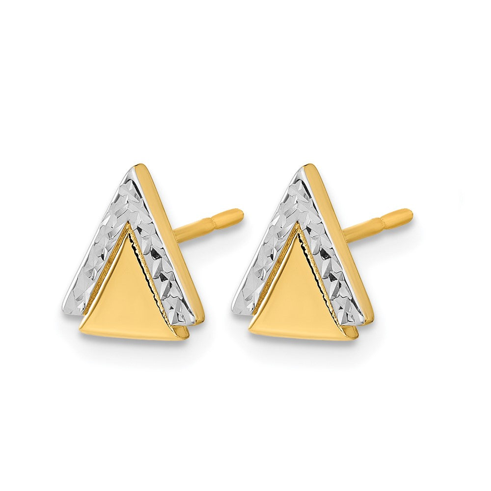 14K Yellow Gold With Rhodium Polished And Diamond Cut Triangle Post Earrings