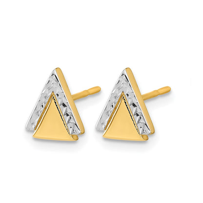 14K Yellow Gold With Rhodium Polished And Diamond Cut Triangle Post Earrings