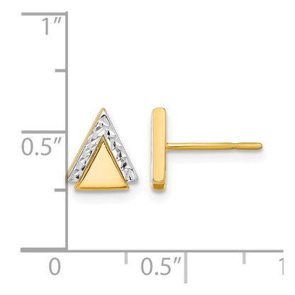 14K Yellow Gold With Rhodium Polished And Diamond Cut Triangle Post Earrings